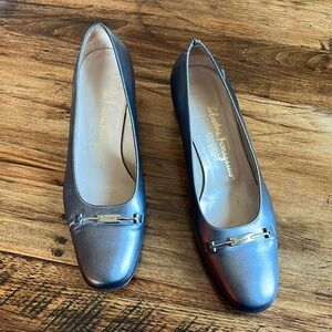 Salvatore Ferragamo Pewter Almond Toe Block Heel Shoes Sz 8